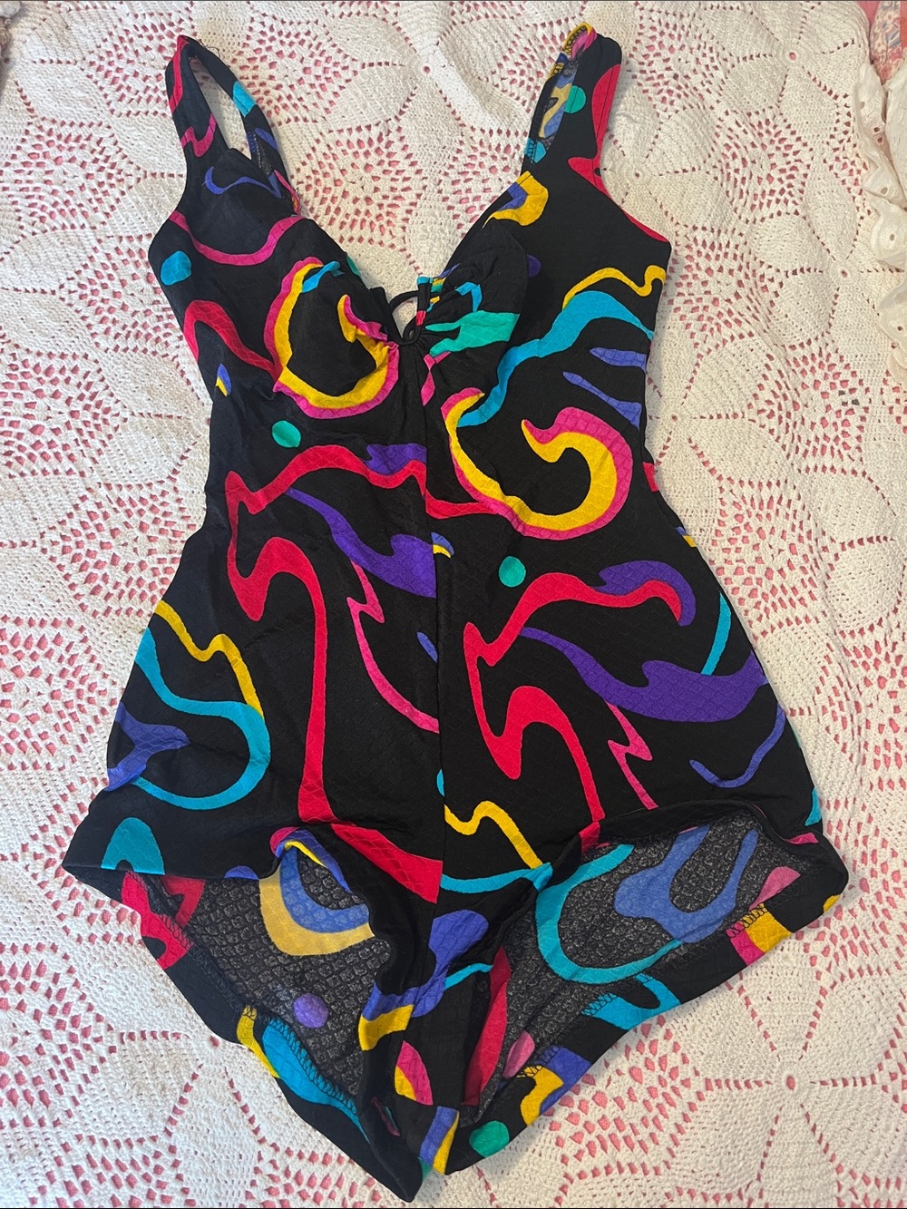 Vintage ladies Black One-Piece Swimsuit with Multicolor Abstract Print